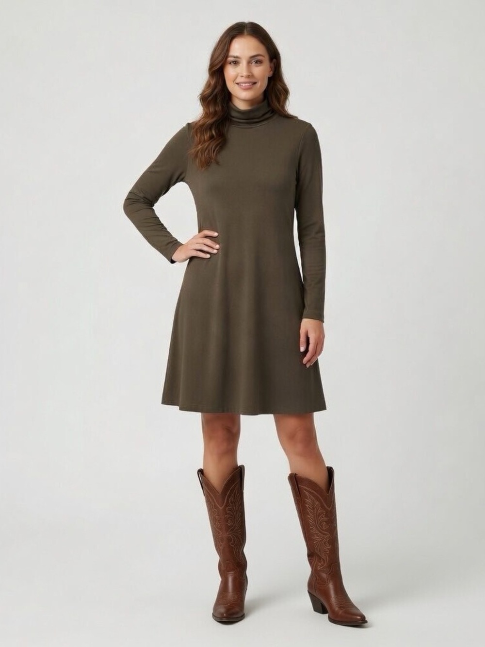 High Neck Dress in Olive Green